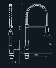 Rubinetto cucina industriale 50 cm in ottone con leva clinica e doccetta professionale
