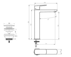 Miscelatore Lavabo Alto Design Minimal con Piletta Click Clack in Ottone 1”1/4 – Cartuccia Ø35 mm