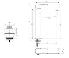 Miscelatore Lavabo Alto Design Minimal Nero Opaco con Piletta Click Clack in Ottone 1”1/4 – Cartuccia Ø35 mm