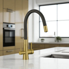 Rubinetto cucina oro spazzolato e nero con attacco filtro acqua e beccuccio flessibile a U