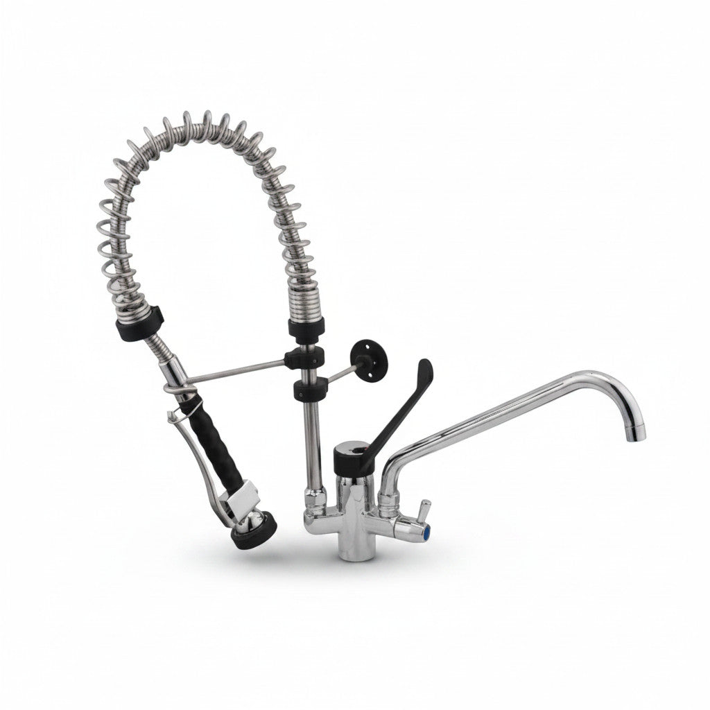 Bagnoclic miscelatore professionale da cucina in acciaio cromato con doccetta flessibile, canna girevole e supporto a parete.