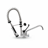 Bagnoclic miscelatore professionale da cucina in acciaio cromato con doccetta flessibile, canna girevole e supporto a parete.
