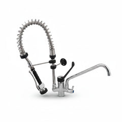 Bagnoclic miscelatore professionale da cucina in acciaio cromato con doccetta flessibile, canna girevole e supporto a parete.