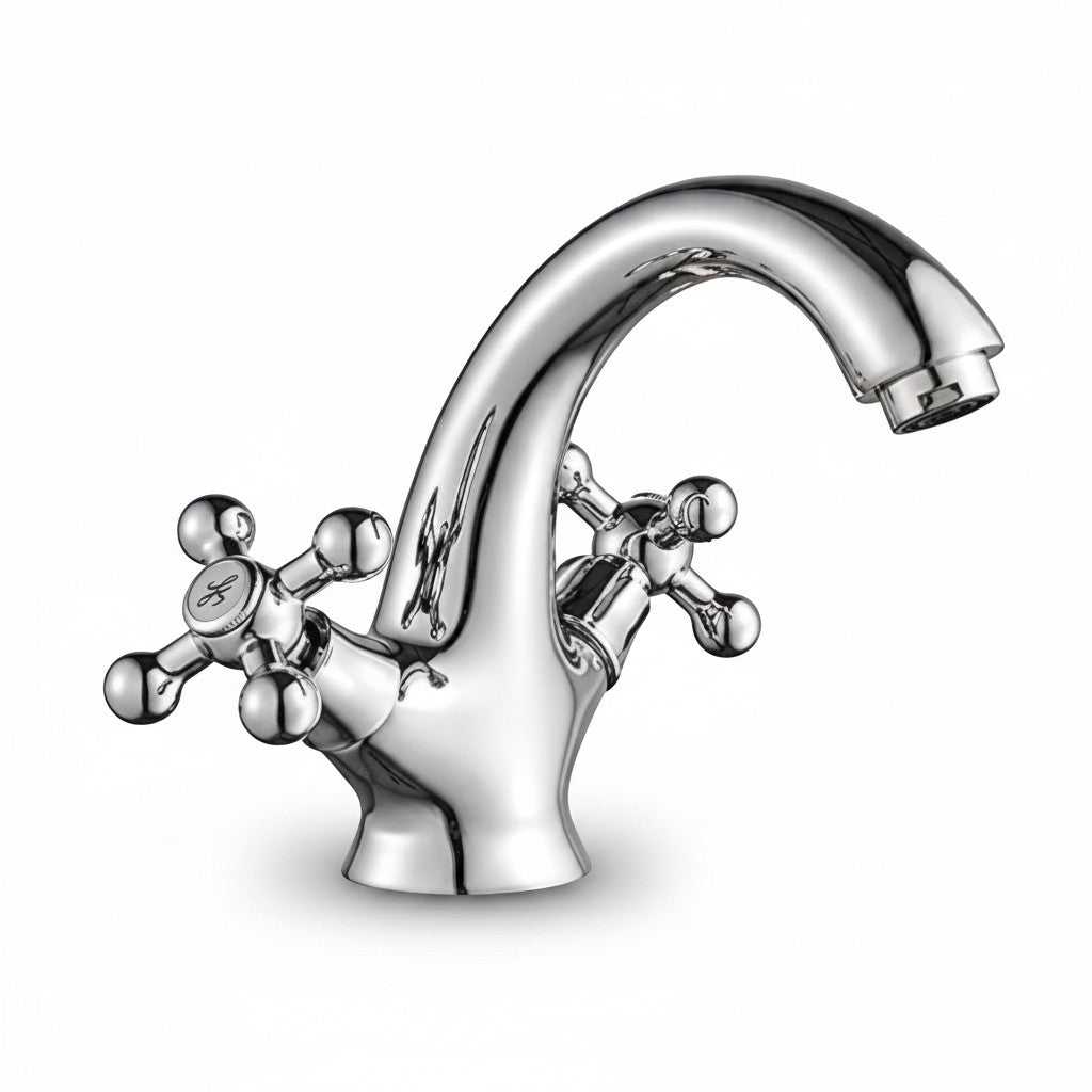 Bagnoclic rubinetto lavabo vintage in ottone cromato con maniglie a stella a doppia croce.