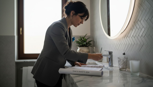 Un designer sta sistemando il rubinetto moderno del bagno sulla consolle, curando ogni dettaglio per ottenere il massimo in termini di stile e funzionalità.