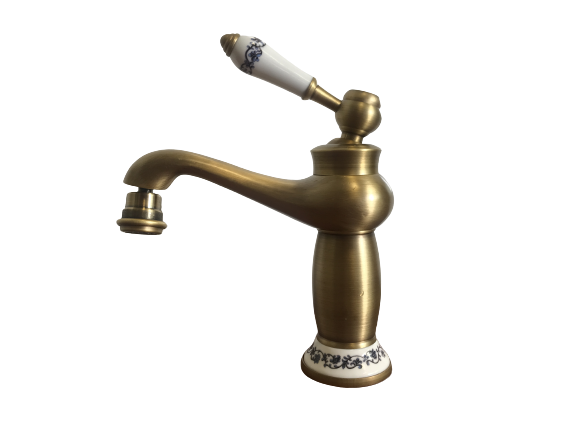 Mélangeur de lavabo de salle de bain vieux laiton avec détails en céramique vintage