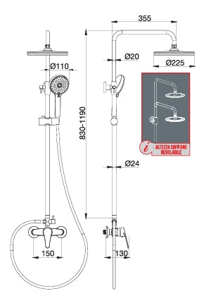 Colonna Doccia con Miscelatore Meccanico, Supporto Regolabile, Doccetta Multigetto e Soffione Ø225 mm