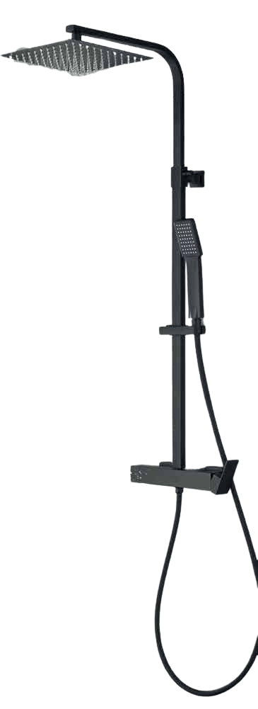 Colonna Doccia Quadrata Nero Opaco con Miscelatore Meccanico e Deviatore Integrato, Soffione 25x25 cm e Doccetta Quadrata