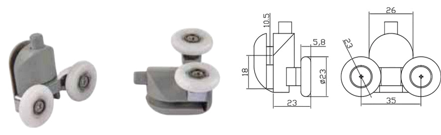 Coppia Cuscinetti Doppia Ruota Attacco Inferiore Box Doccia – Nylon Grigio Ø23 mm – Foro Vetro 12 mm