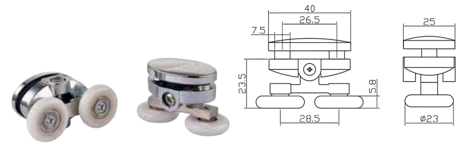 Coppia Cuscinetti Doppia Ruota Attacco Superiore ABS Cromato Box Doccia – Ø23 mm – Foro 9 mm – Interasse 26,5 mm