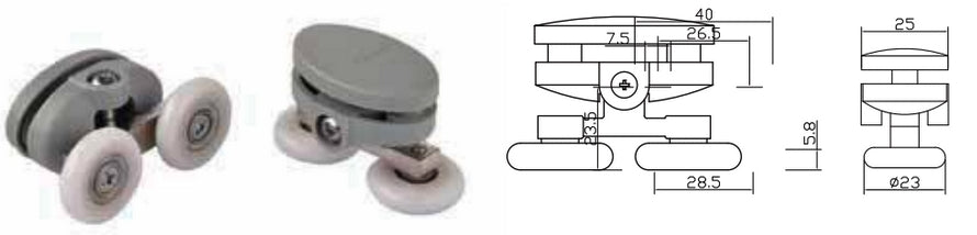Coppia Cuscinetti Doppia Ruota Attacco Superiore Box Doccia – Nylon Grigio Ø23 mm – Foro 9 mm – Interasse 26,5 mm