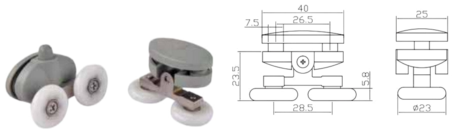 Coppia Cuscinetti Doppia Ruota Attacco Superiore Box Doccia – Nylon Grigio Ø23 mm – Foro 9 mm – Interasse 26,5 mm