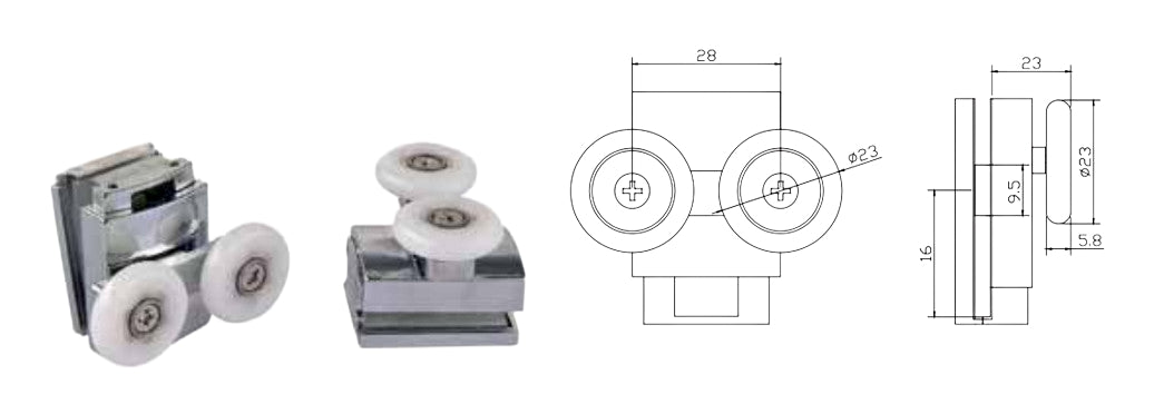 Coppia Cuscinetti Doppia Ruota Attacco Superiore Metallo Cromato Box Doccia – Ø23 mm – Foro 11 mm