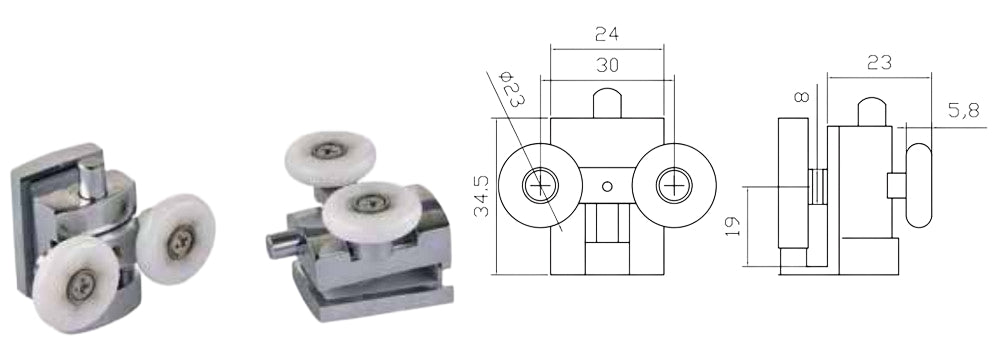 Coppia Cuscinetti Doppia Ruota Attacco Superiore Metallo Cromato Box Doccia – Ø23 mm – Vetro 8 mm – Foro 9 mm