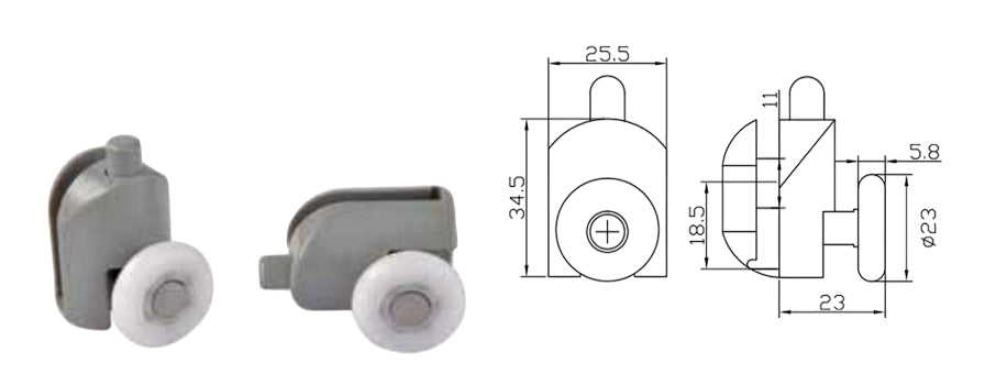 Coppia Cuscinetti Singola Ruota Attacco Inferiore Box Doccia – Nylon Grigio Ø23 mm – Foro Vetro 12 mm