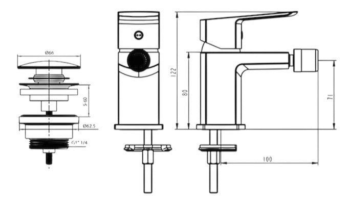 Miscelatore Bidet Nero Opaco con Piletta Click Clack in Ottone 1”1/4 – Cartuccia Ø35 mm