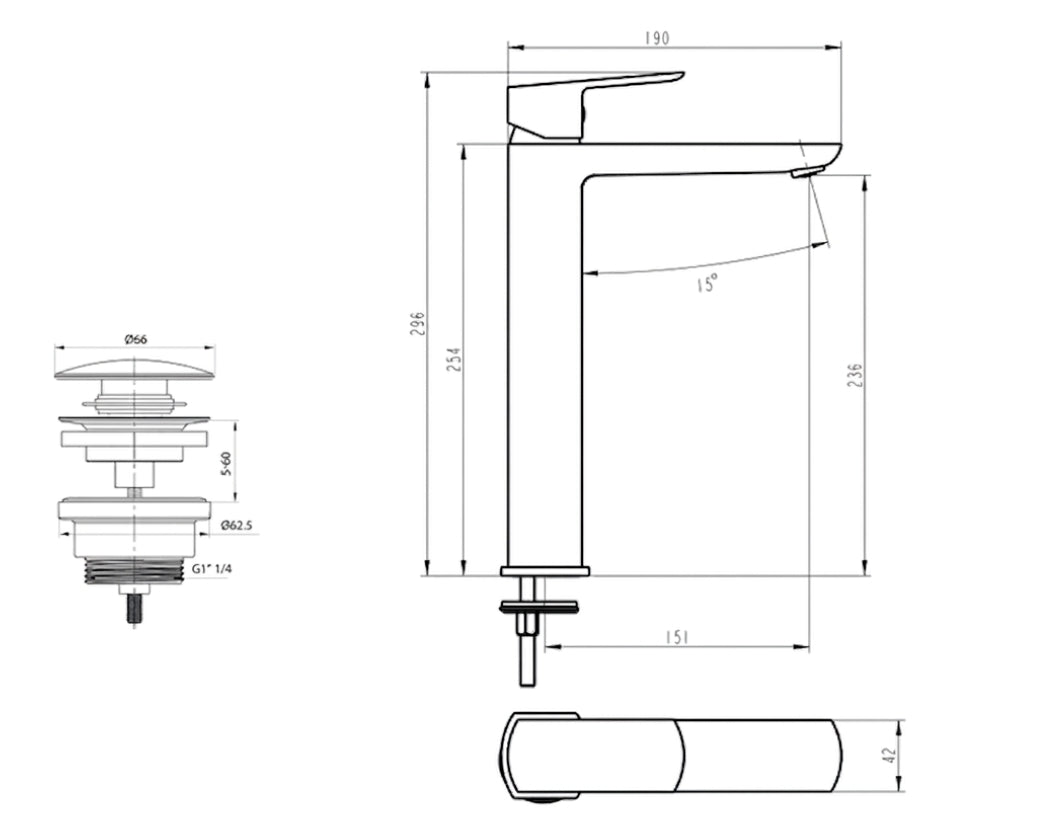 Miscelatore Lavabo Alto Design Minimal con Piletta Click Clack in Ottone 1”1/4 – Cartuccia Ø35 mm