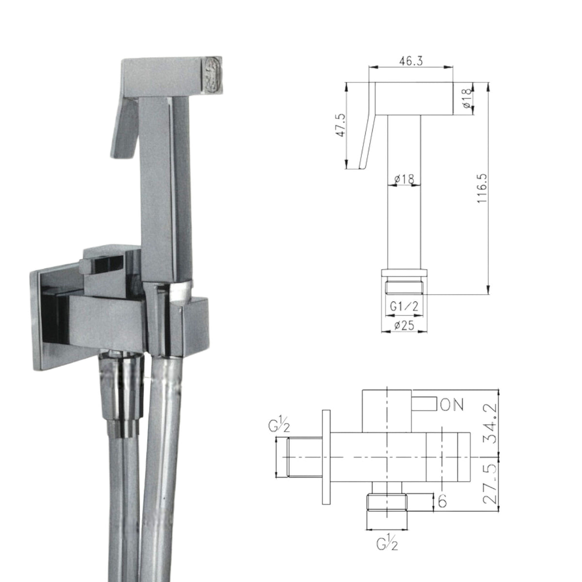 Kit doccetta per wc quadrato completo in ottone con rubinetto