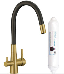 Rubinetto cucina con filtro acqua e bocca flessibile – 2 leve oro spazzolato e nero