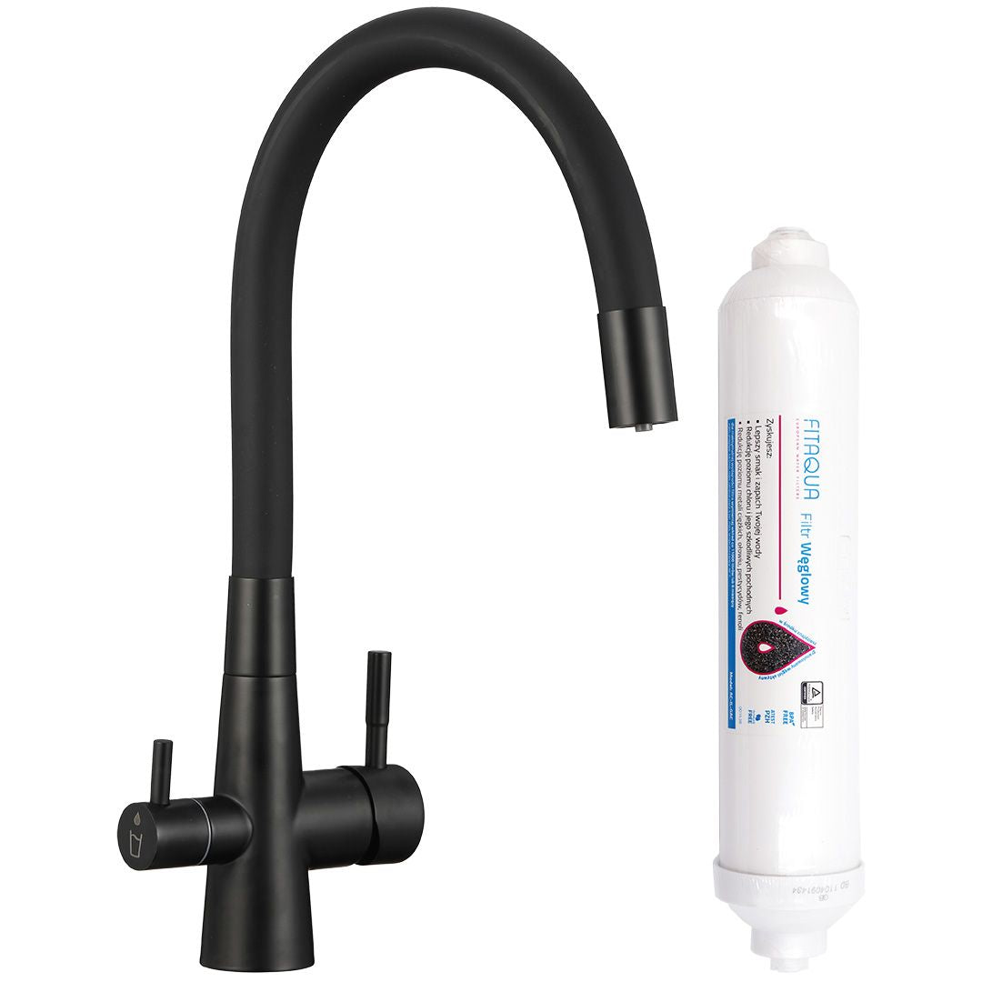 Rubinetto cucina nero con filtro acqua al carbone attivo e doppia leva – design moderno