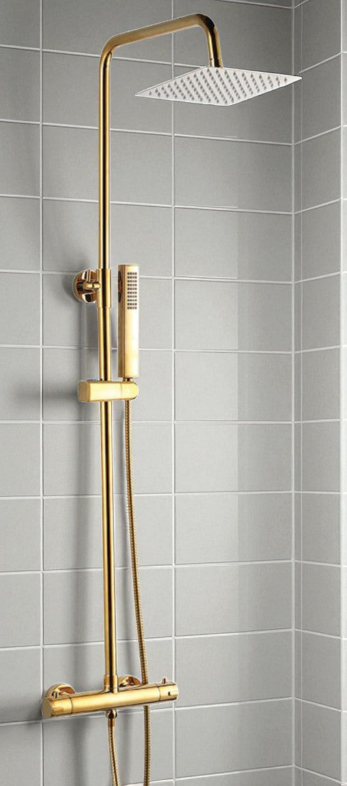 Colonna doccia Gold con rubinetto termostatico | Soffione a pioggia quadrato, altezza regolabile, sistema anticalcare