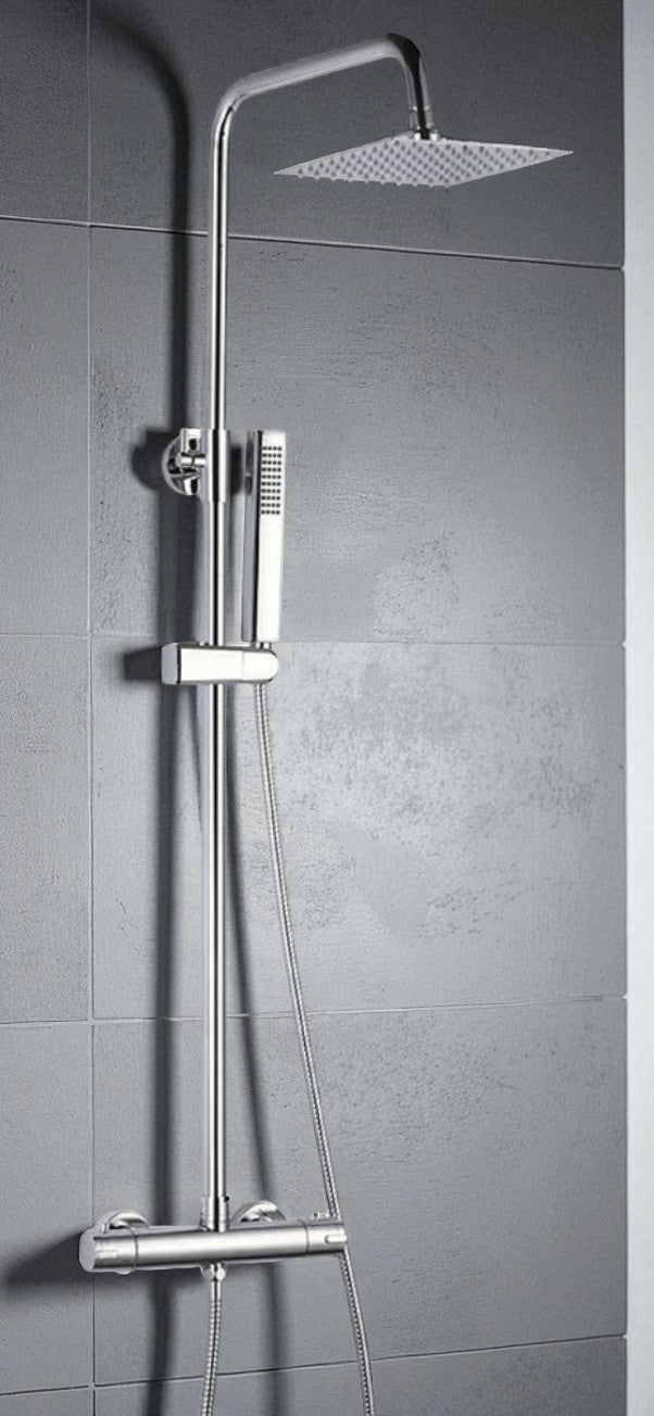 Colonna doccia con rubinetto termostatico | Soffione a pioggia quadrato, doccetta, sistema anticalcare, flessibile anti-torsione cromato