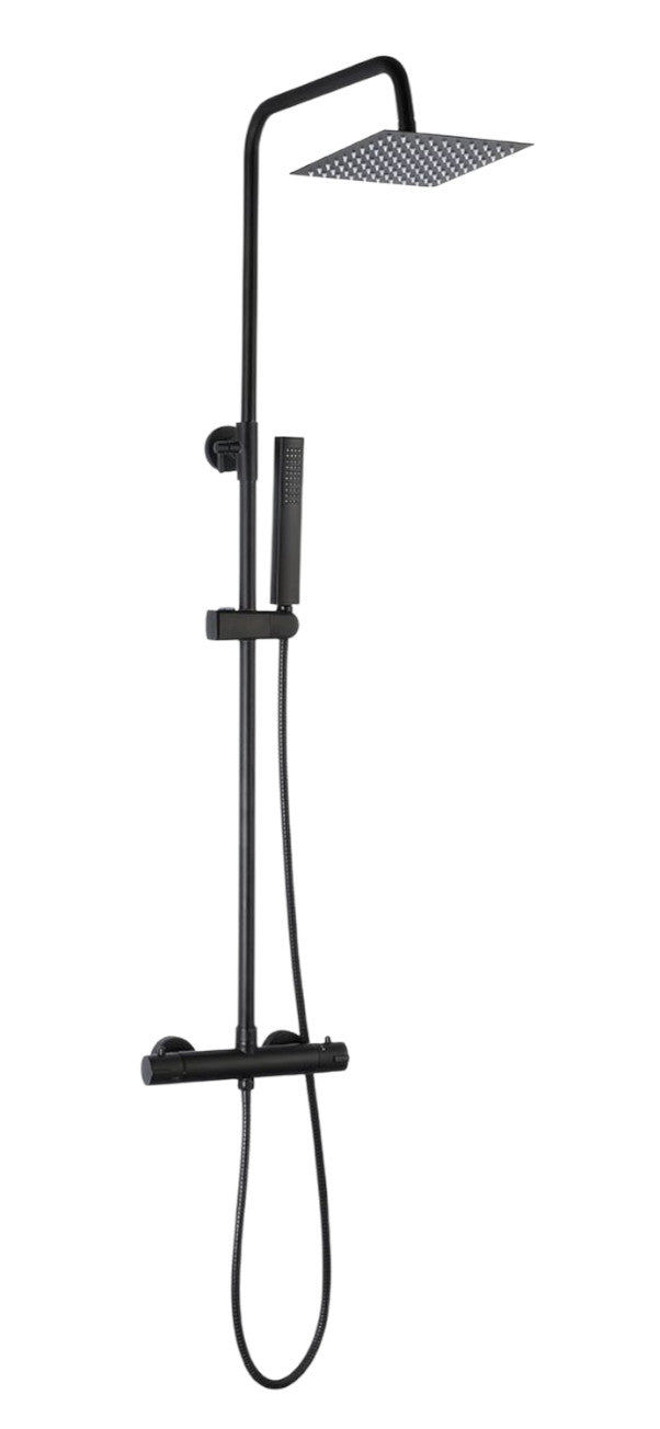 Colonna doccia nera con rubinetto termostatico | Soffione a pioggia quadrato, doccetta, flessibile antitorsione, altezza regolabile