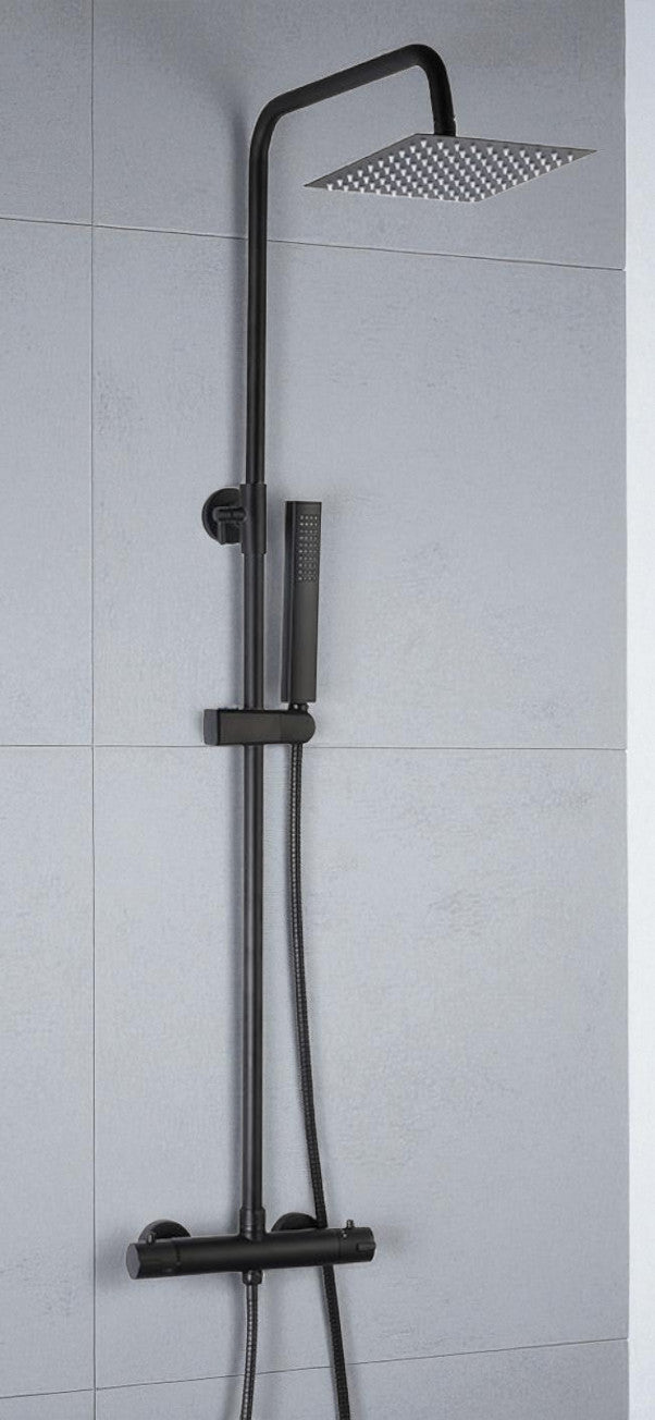 Colonna doccia nera con rubinetto termostatico | Soffione a pioggia quadrato, doccetta, flessibile antitorsione, altezza regolabile