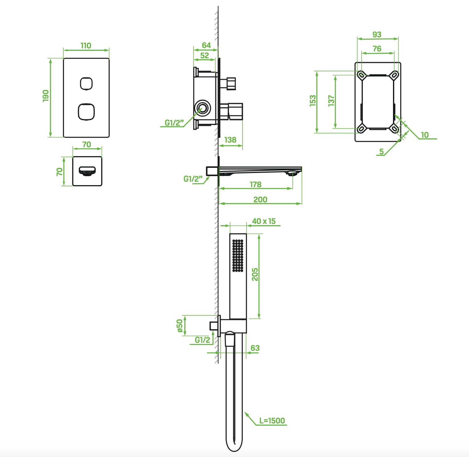 Rubinetto vasca da incasso cromato con set doccia – design moderno, aeratore e tubo flessibile antitorsione