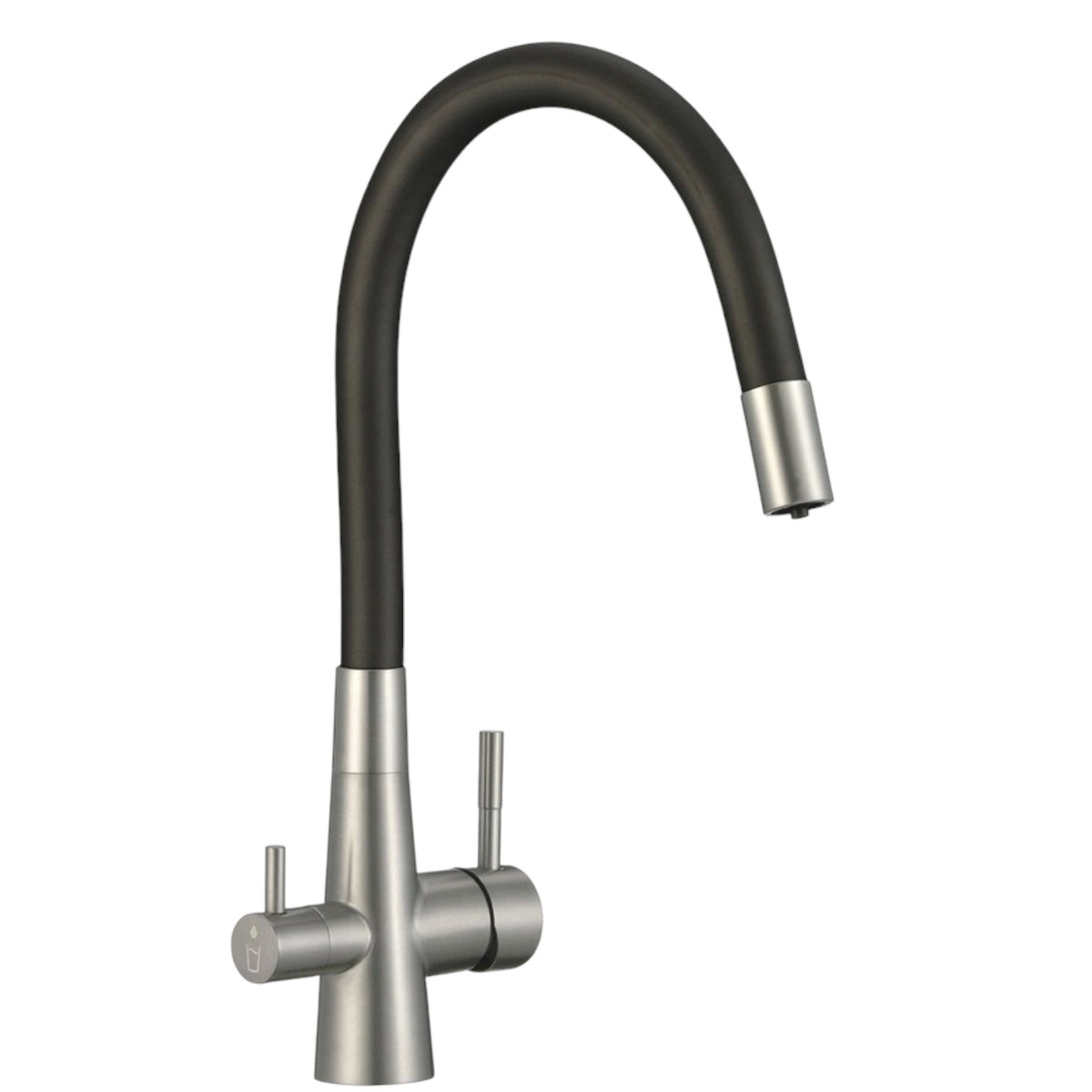 Rubinetto cucina con attacco filtro acqua, bocca flessibile a U e doppia leva – acciaio e nero