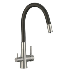 Rubinetto cucina con attacco filtro acqua, bocca flessibile a U e doppia leva – acciaio e nero