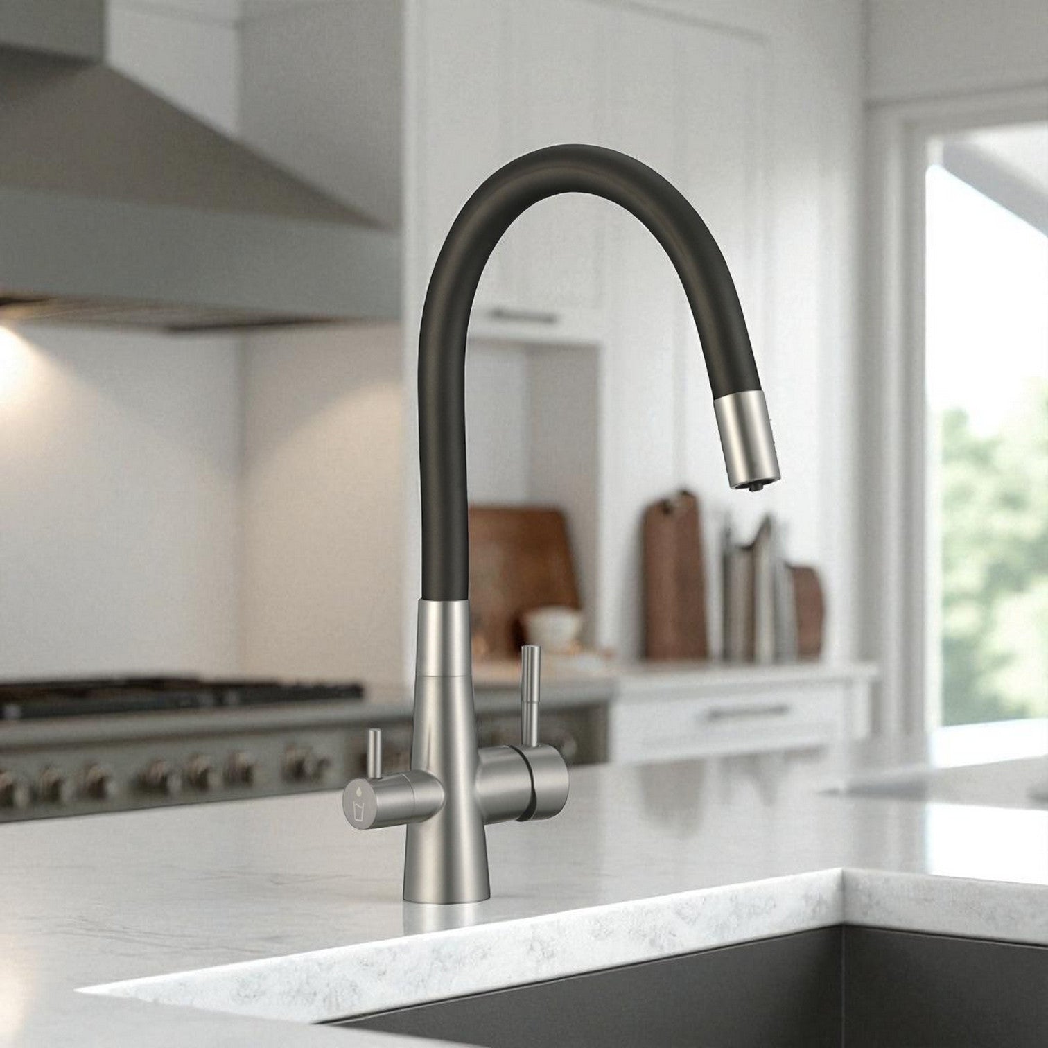 Rubinetto cucina con attacco filtro acqua, bocca flessibile a U e doppia leva – acciaio e nero