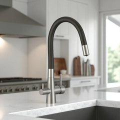 Rubinetto cucina con attacco filtro acqua, bocca flessibile a U e doppia leva – acciaio e nero