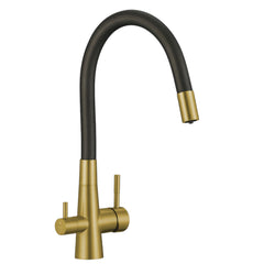 Rubinetto cucina oro spazzolato e nero con attacco filtro acqua e beccuccio flessibile a U