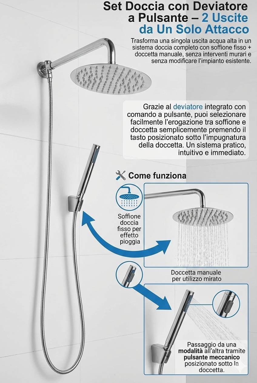 Set Doccia con Deviatore a Pulsante – 2 Uscite da Un Solo Attacco
