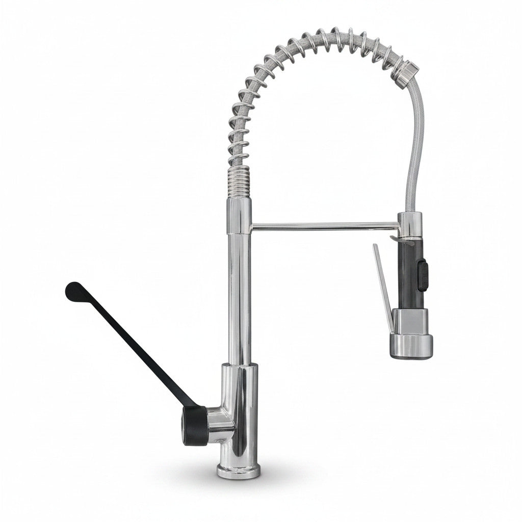 Miscelatore da cucina Bagnoclic in ottone cromato con doccetta estraibile e leva clinica, ideale per bar e ristoranti.