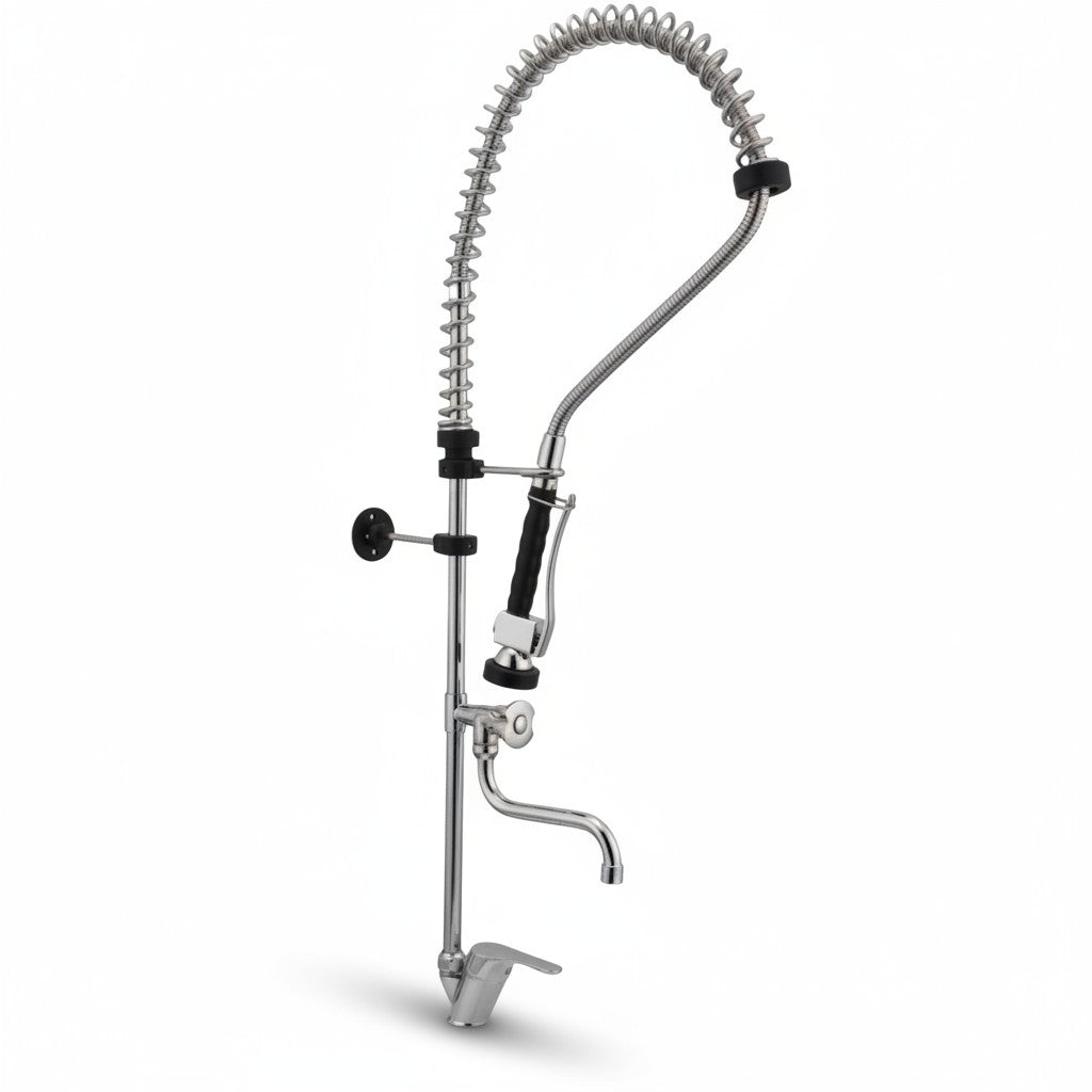 Bagnoclic miscelatore professionale da cucina in ottone cromato con doccetta estraibile e canna girevole, fissaggio a parete.