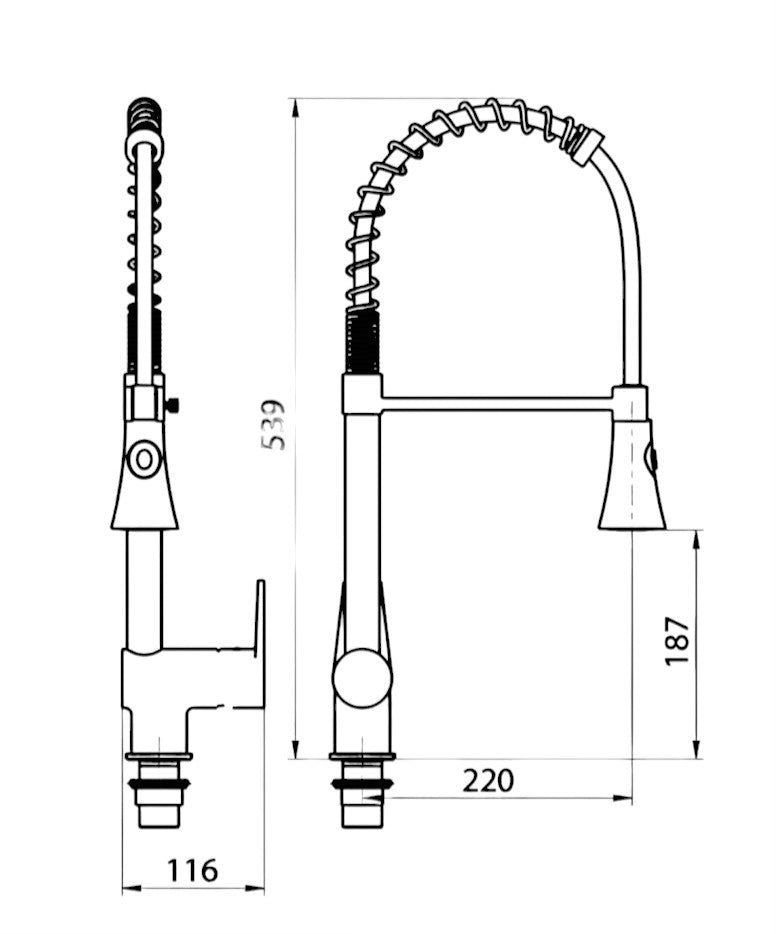 Bagnoclic miscelatore cucina professionale in ottone cromato con doccetta estraibile e leva clinica.
