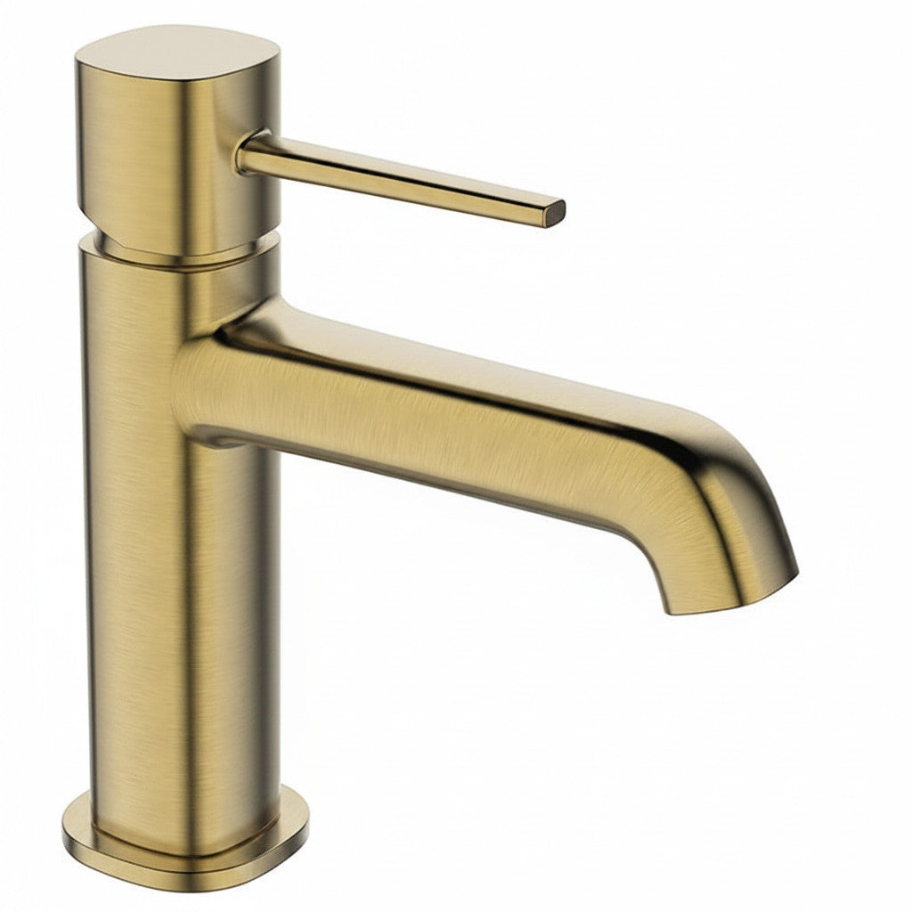 Miscelatore lavabo da appoggio Bagnoclic in oro spazzolato con design moderno e tappo click-clack.