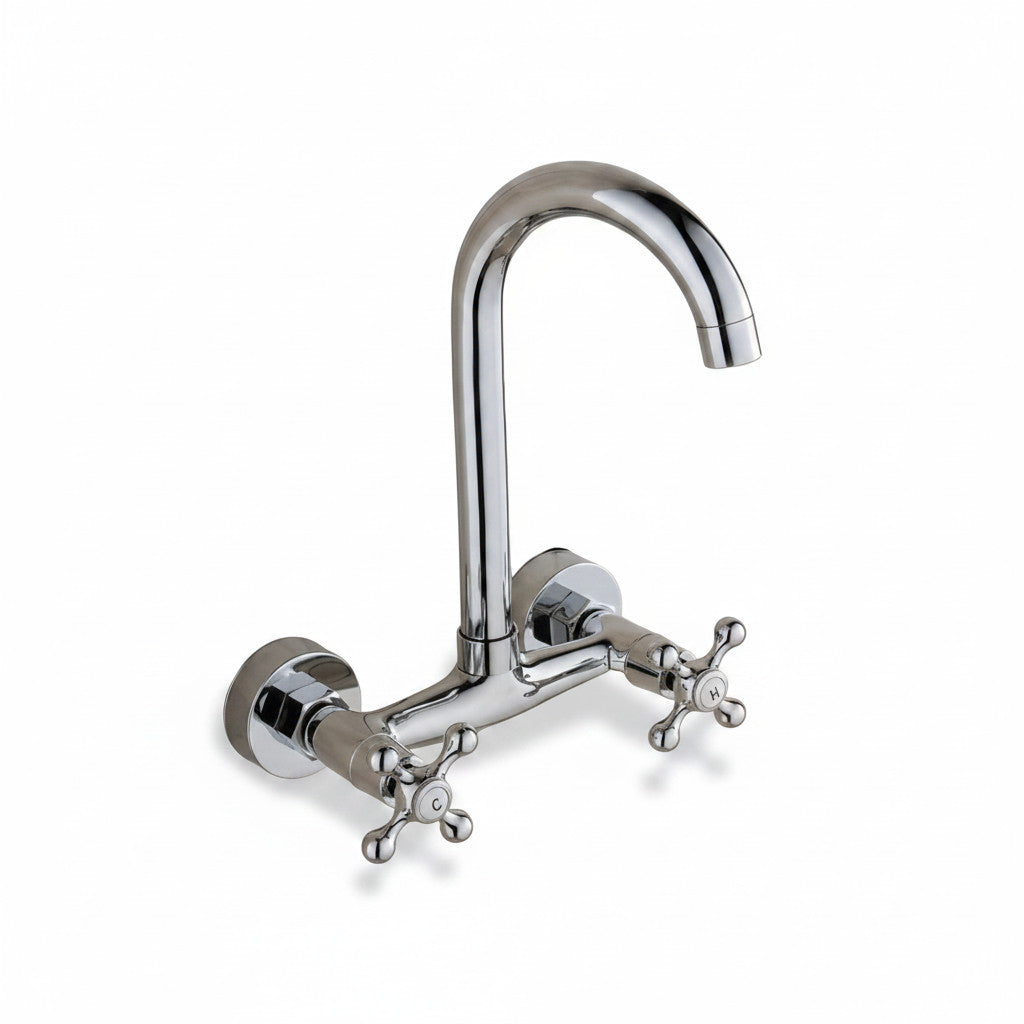 Rubinetto da cucina a parete Bagnoclic in ottone cromato con canna ad ombrello girevole e manopole a croce vintage.