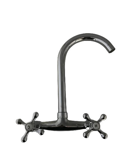 Rubinetto da cucina a parete Bagnoclic in ottone cromato con canna ad ombrello girevole e manopole a croce vintage.