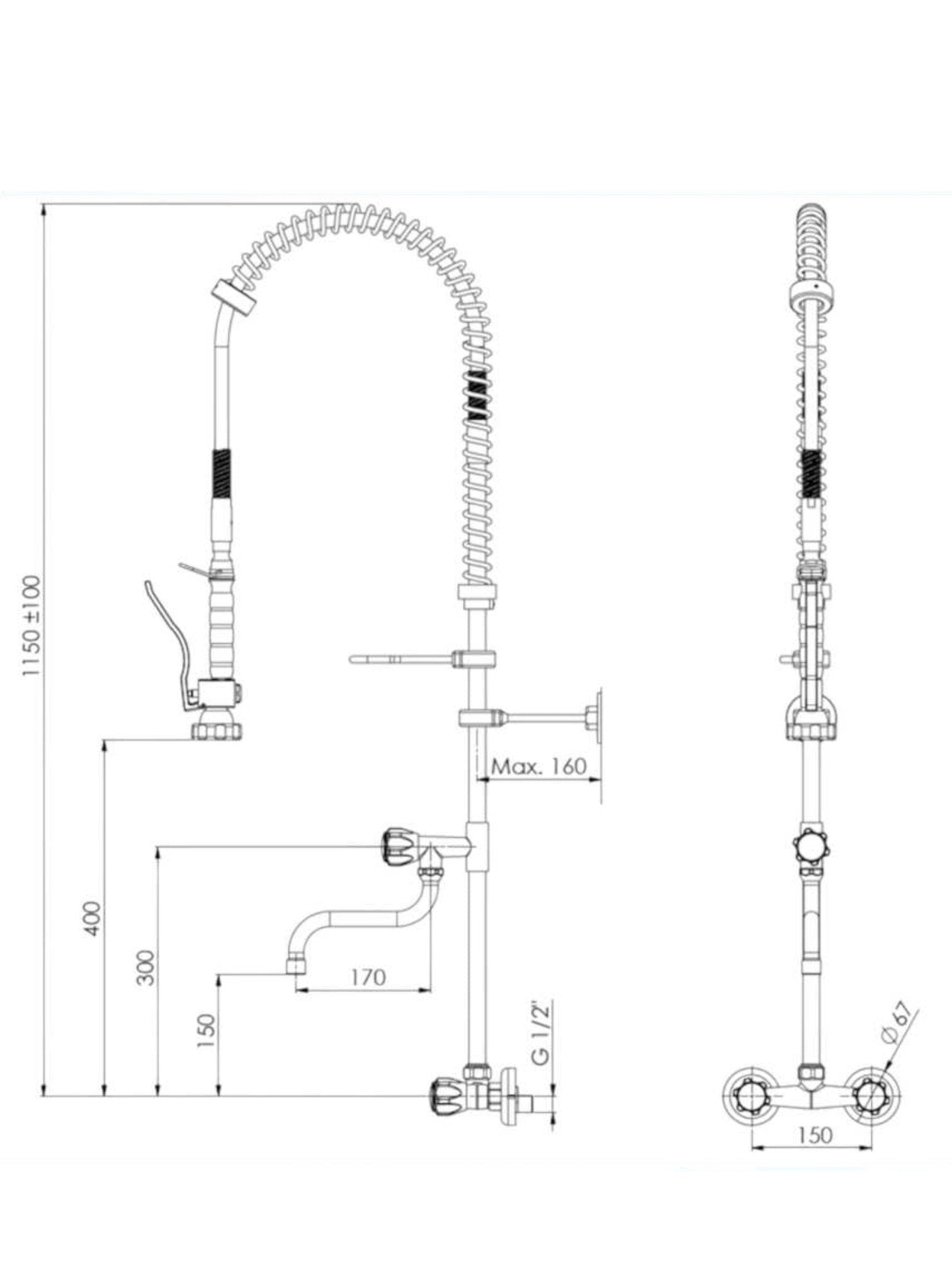 Bagnoclic rubinetto professionale da cucina a parete con doccetta estraibile e bocca girevole, design industriale in metallo.