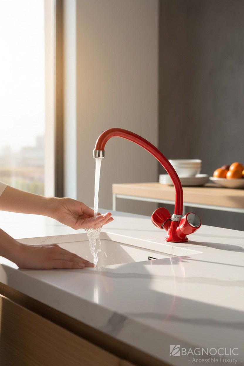Bagnoclic rubinetto da cucina rosso vintage con bocca alta girevole e due manopole di controllo tradizionali.