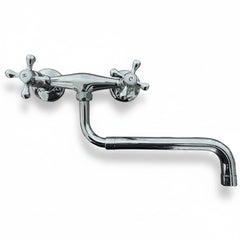 Rubinetto da parete vintage Bagnoclic in ottone cromato con canna allungabile e girevole, manopole a croce per acqua calda e fredda.